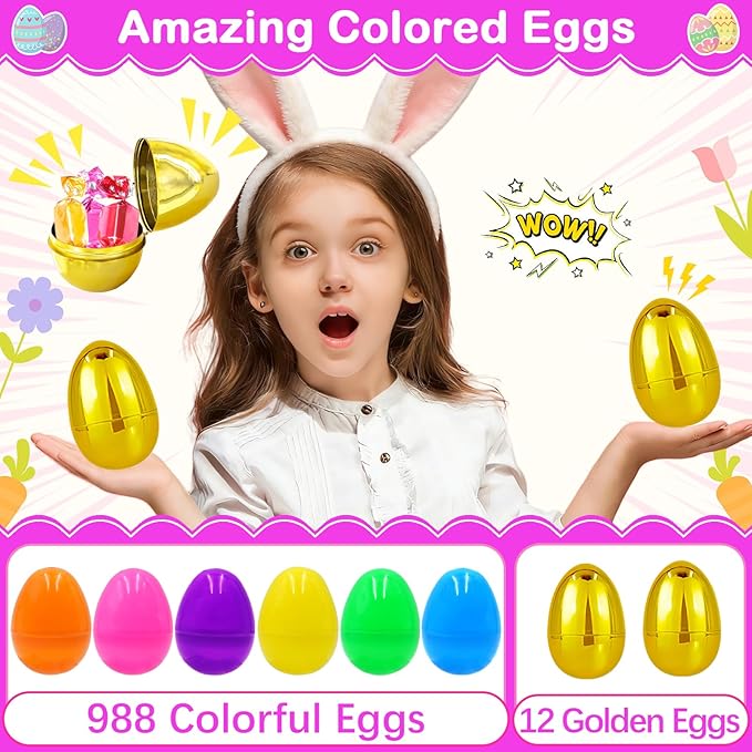 1000 PCS 2.4" Fillable Plastic Easter Eggs Bulk with 12 Golden Eggs, Colorful Empty Eggs for Kids Easter Hunt Party Supplies Classroom Prizes Basket Stuffers Easter Party Favors