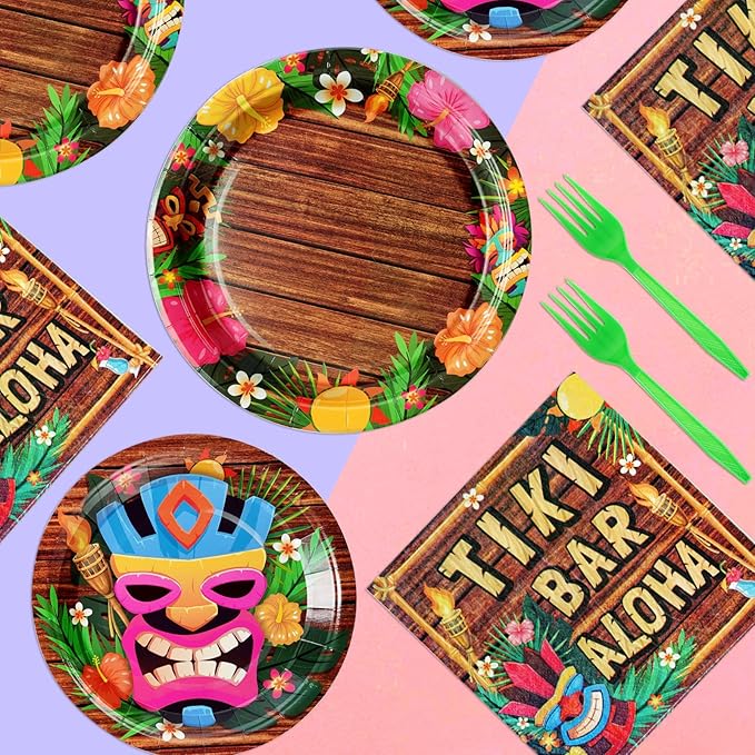 Grencian 96Pcs Hawaiian Tiki Party Supplies Tiki Party Plates Disposable 350GSM Hawaiian Aloha Paper Tableware Set for Jungle Tropical Beach Birthday Baby Shower Pool Picnic Decorations, Serves 24
