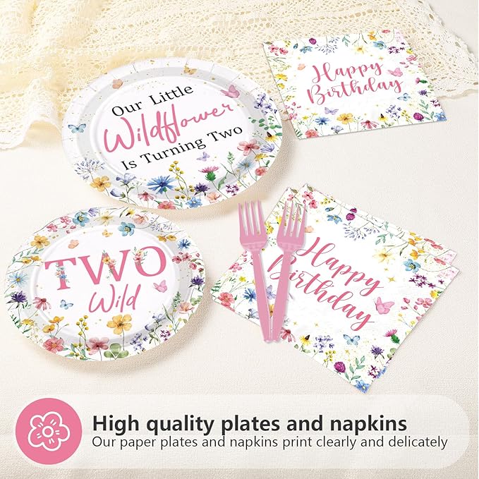 96Pcs Wildflower 2nd Birthday Decoration Our Little Wildflower Is Turning Two Plates and Napkins Spring Flowers Second Birthday Decorations for Girls Floral Two Years Old Bday Party Supplies Serves 24