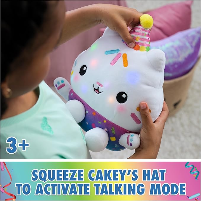 Gabby's Dollhouse Celebrations, Sprinkle Party Cakey Cat Plush, 10-Inch Interactive Stuffed Animal with Sounds, Kids Toys for Girls & Boys Ages 3+
