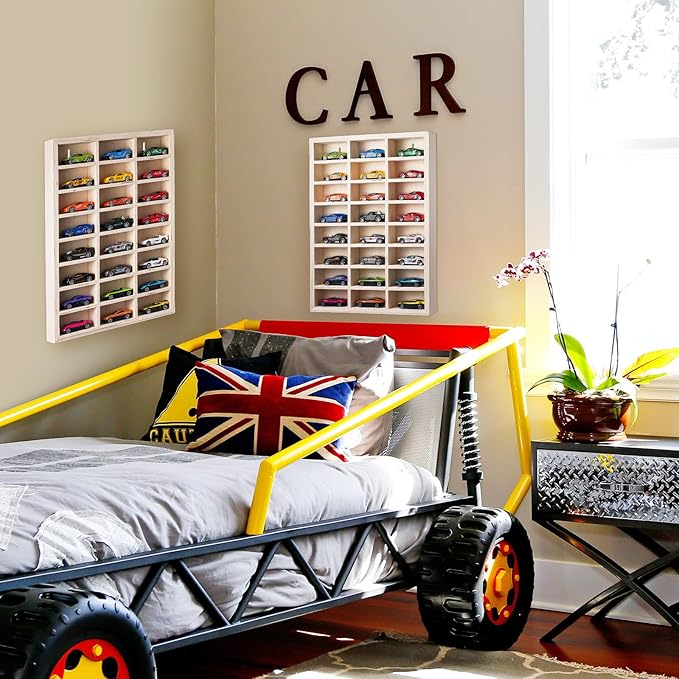 24 Space Toy Cars Wheels Display Case 1: 64 Scale Model Cars Display Shelf Wooden Wall Mounted Die Cast Car Storage Rack for Gift Collectibles Toy Figurines Tiny Cabinet