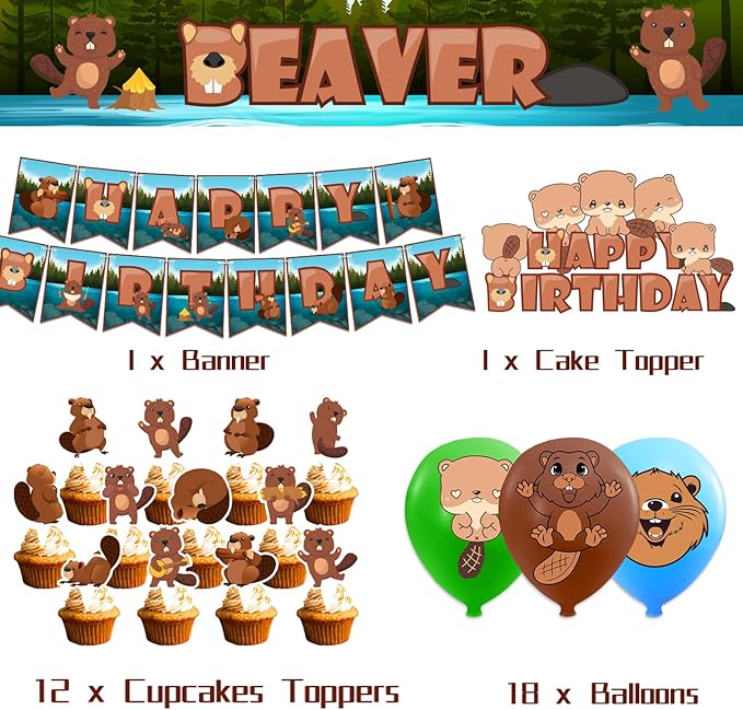 Beaver Party Decorations Beaver Birthday Party Supplies Includes Beaver Birthday Banner Cake Topper Cupcake Toppers Balloons for Birthday Decorations Canada Party Decorations