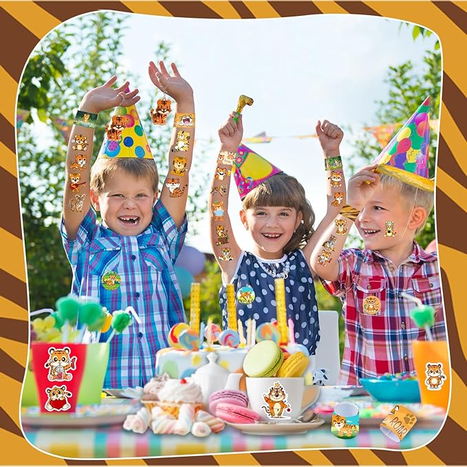 102 PCS Tiger Party Favors, Tiger Temporary Tattoos Slap Bracelets Keychains Stickers Badges for Jungle Safari Tiger Party Favors Birthday Party Decorations Supplies Gifts for Classroom Rewards