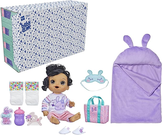 Baby Alive Bunny Sleepover Baby Doll, Bedtime-Themed 12-Inch Dolls, Sleeping Bag & Bunny-Themed Doll Accessories, Toys for 3 Year Old Girls and Boys and Up, Brown Hair (Amazon Exclusive)