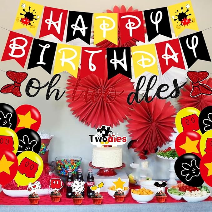 Oh Twodles Banner ,Happy 2nd Birthday Party Decor for Girls Boys - Cartoon Mouse Second 2nd Birthday Theme 2nd Birthday Party Decorations Supplies