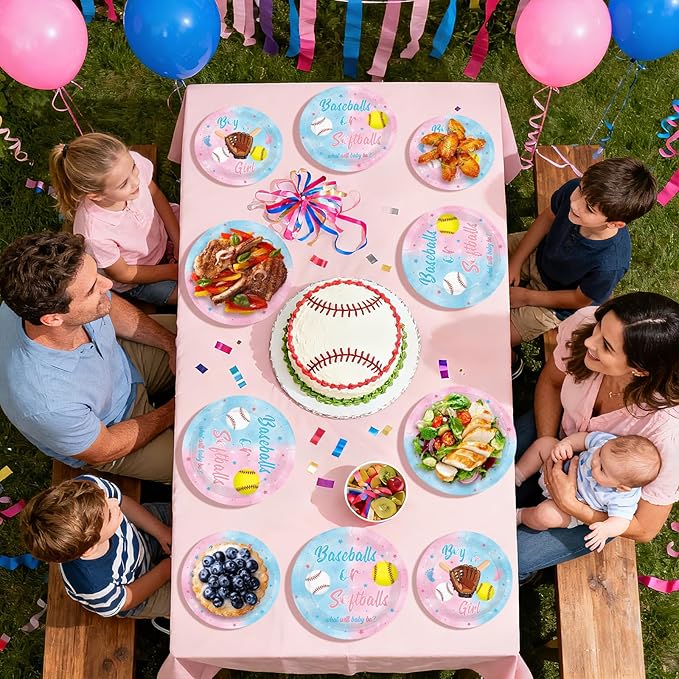 96Pcs Baseball or Softball Party Decoration Baseball Gender Reveal Plates and Napkins Pink Blue Sports Theme Disposable Tableware Set for He or She Baby Shower Party Supplies Serves 24