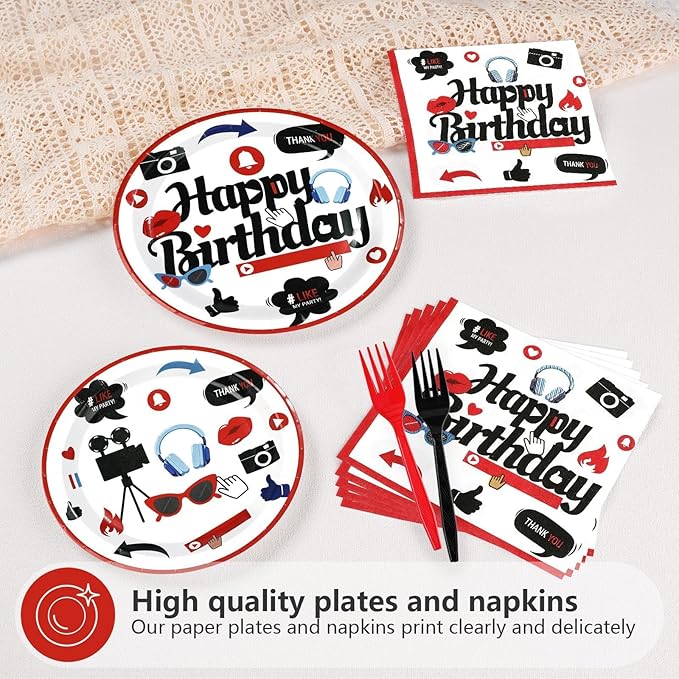 96Pcs Social Media Youtube Birthday Party Decorations Social Media Inspired Plates and Napkins Camera Themed Tableware Set for Adults Youtube Birthday Subscribe Play Video Party Supplies Serves 24