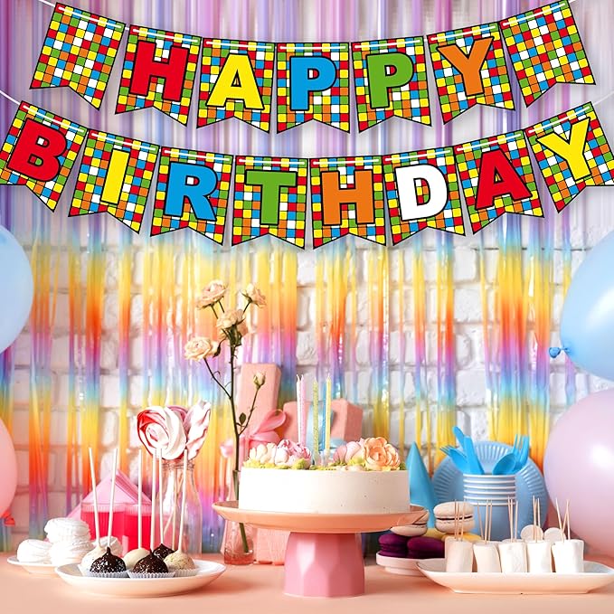 Colorful Cube Birthday Banner Plaid Block Puzzle Game Themed Decor with Colorful Letters for Kids Boys Girls Birthday Party Baby Shower Favors Decorations Supplies BECKTEN