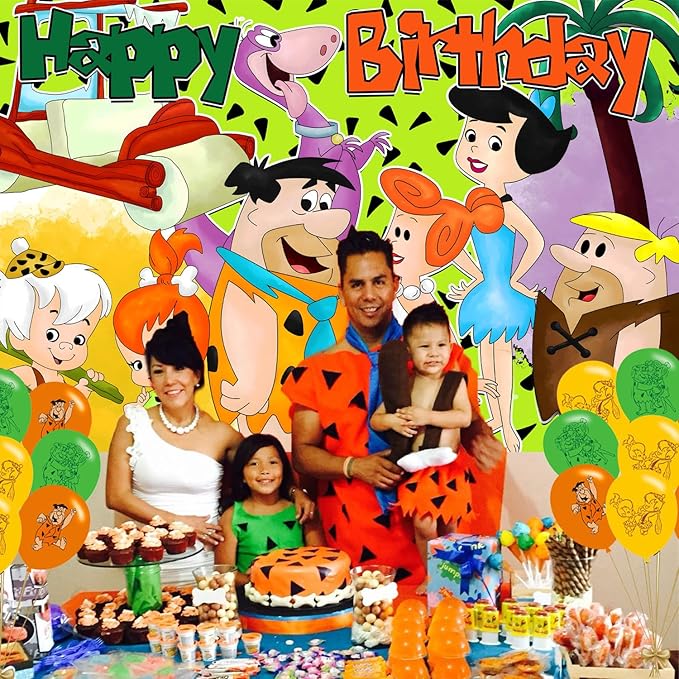 Pebbles and Bam bam Birthday Party Decoration,Flintstones Party Photo Background 5 x 3 FT and 18 Pcs Balloon,Merch Party Backdrop Supplies