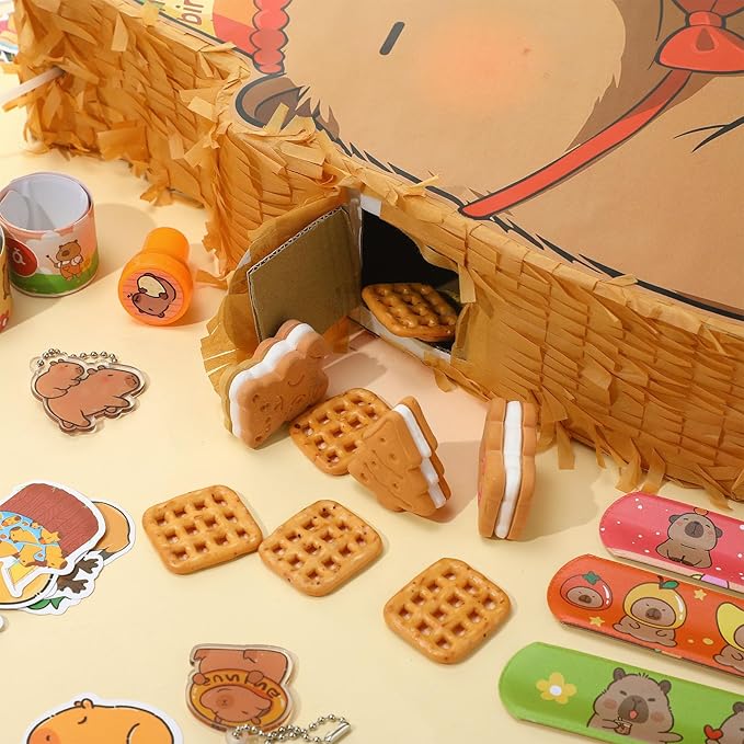 Capybara Piñata Party Set Animal Themed Birthday Party Supplies with Pencils Snap Bracelets Stamps Keychains Stickers for Birthday Baby Shower Party