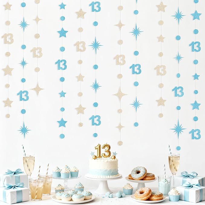Champagne Gold Blue 13th Birthday Decorations Number 13 Circle Dot Star Garland Streamer Banner Backdrop for Girls Boys Official Teenager Cheers to 13 Years Old Happy 13th Birthday Party Supplies