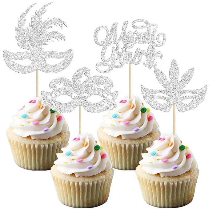 Gyufise 24Pcs Masquerade Masks Cupcake Toppers Silver Glitter Bachelorette Mask Cupcake Topper Mardi Gras Cake Picks Decorations for Masquerade Mardi Gras Party Baby Shower Birthday Party Supplies