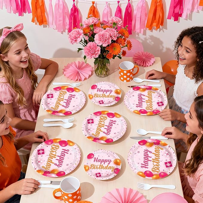 96Pcs Pink and Orange Birthday Party Decorations Pink and Orange Plates and Napkins Disposable Tableware Sets for Sunset Theme Birthday Party Decorations Serves 24