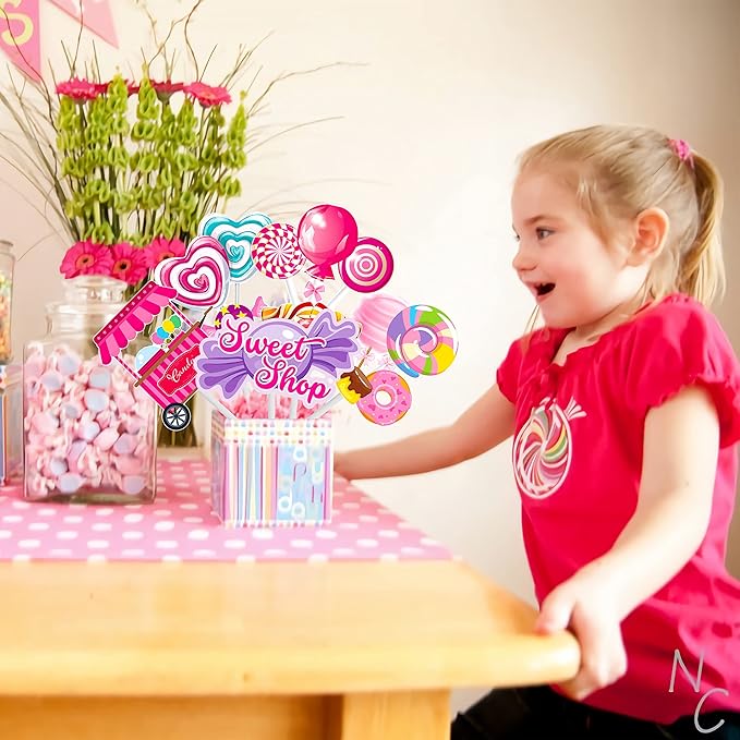 24Pcs Candyland Party Centerpieces Sticks Candyland Lollipop Table Toppers Sweet Candy Party Decorations for Candyland Theme Birthday Party Baby Shower Supplies