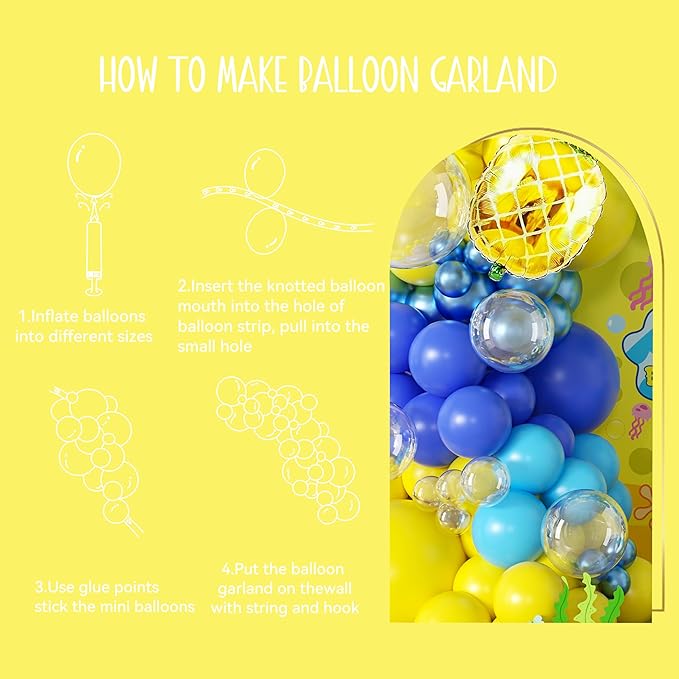 Cartoon Sponge Balloons Garland Arch Kit,Blue Yellow Balloons for Birthday Decorations,Pineapple Foil Balloon,Boys Girls Party Supplies