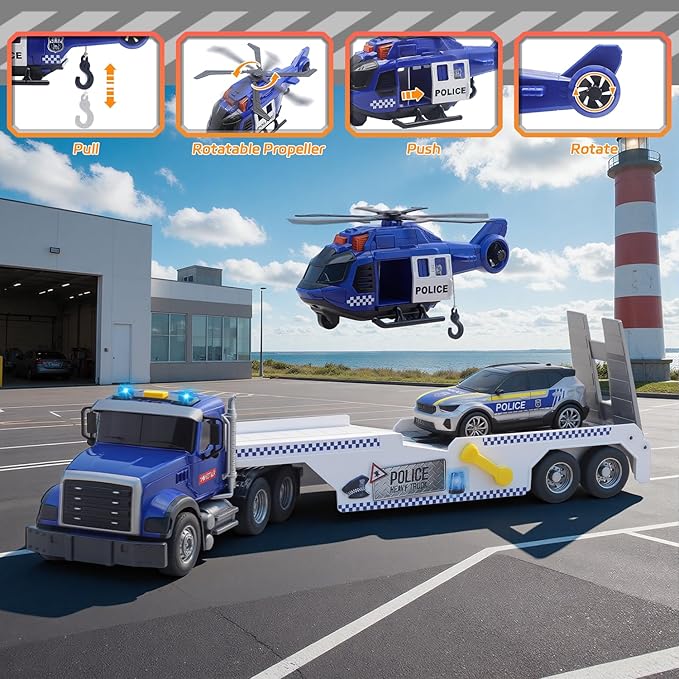 21" Semi Police Truck Toy with Helicopter & Racing Car,Toddler Boy Toys for 3 4 5 6 Years Kids,Friction Powered Truck Vehicle with Lights & Sounds for Boys Girls Christmas Birthday Gifts