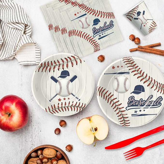 Baseball Party Decorations Tableware, Baseball Birthday Baby Shower Party Supplies Dinnerware Include Paper Plate, Cup, Napkin, Tablecloth, Cutlery, Straw, Serves 24