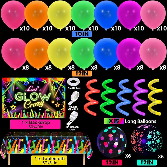 161Pcs Neon Party Decorations Glow in the Dark Birthday Supplies Neon Balloon Arch Kit & Backdrop Tablecloth UV Blacklight Luminous Glow Balloons Kids Teen Adult Rainbow 80s 90s Disco Party Decor