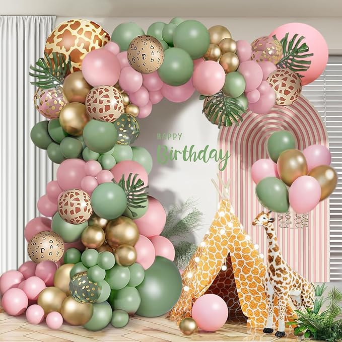 Jungle Safari Balloons Garland Arch Kit ，Animal Printed Pink Sage Green Balloons Wild One Giraffe Leopard Safari Decorations for Birthday Baby Shower Party Supplies