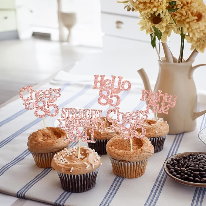 Ephlyn 24Pcs 85th Birthday Cupcake Toppers Glitter Straight Outta 1941 Cupcake Picks Hello 85 Cheers to 85 Years Cake Decorations for 85th Birthday Anniversary Party Decorations Supplies Rose Gold