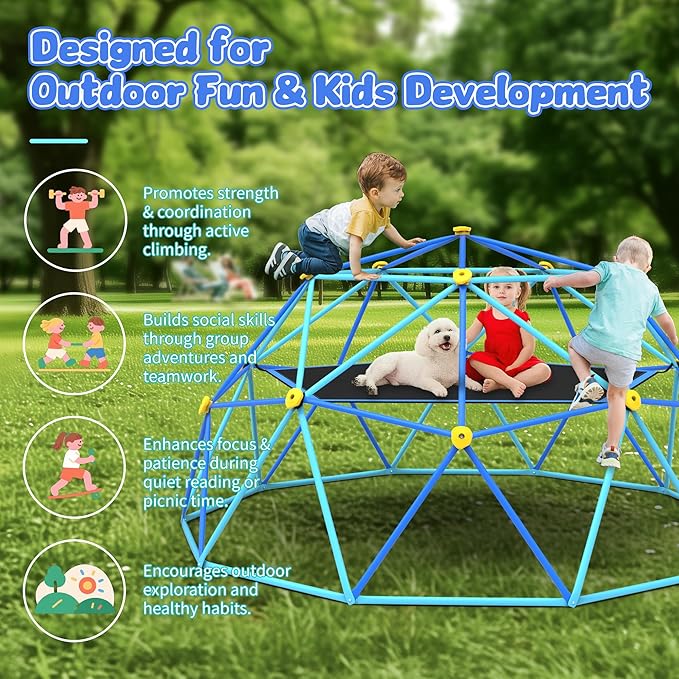 Gardenature 10FT Climbing Dome with Hammock and Swing, Outdoor Jungle Gym for Kids, Geometric Dome Climber Supporting 880 Lbs Anti-Rust Metal Outdoor Play Structure ASTM Approved Blue