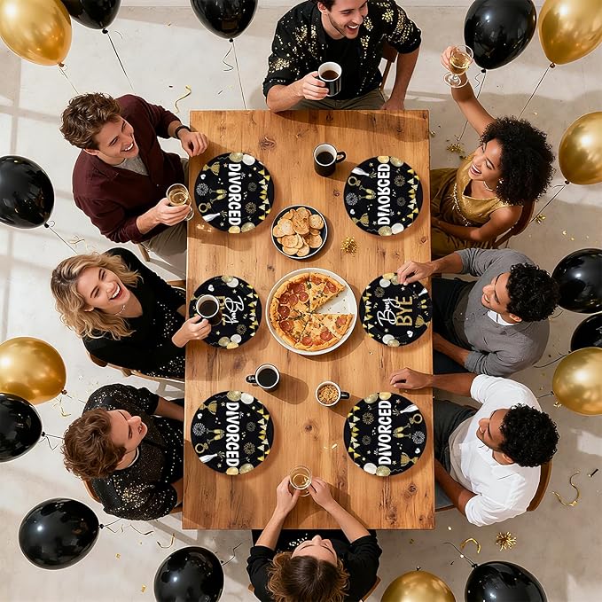 96Pcs Divorced Party Decorations We Never Liked Him Anyway Plates and Napkins Black Gold Divorced Disposable Paper Tableware Set for Women Men Break Up Divorce Party Supplies Serves 24