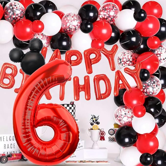 Mouse Number 6 Balloon 40 Inch Red Number 6 Balloon Mini Mouse Head Balloon for 6th Birthday Party, Black Red Large Number 6 Foil Balloon for Baby Shower Anniversary Supplies Decorations