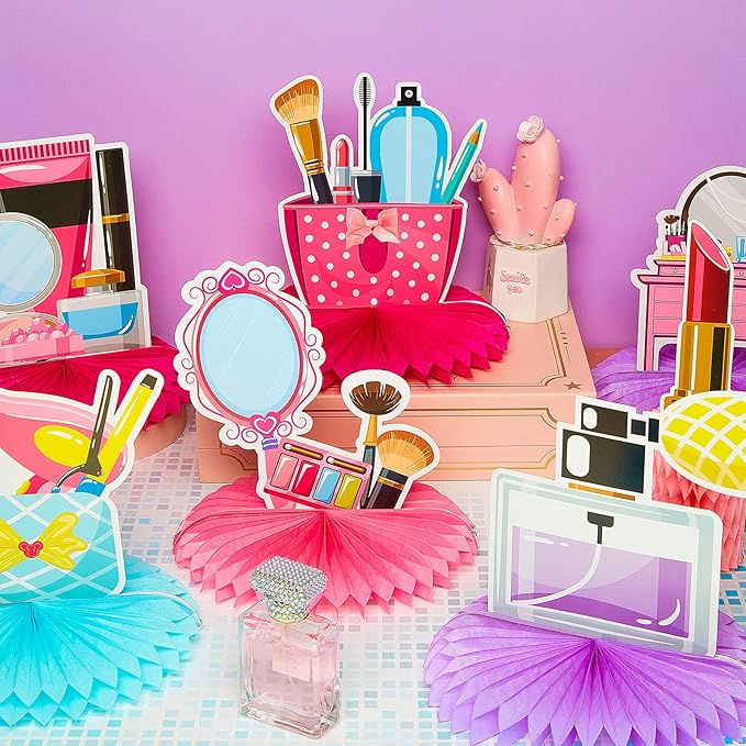 Censen 10 Pieces Spa Party Decorations Honeycomb Centerpieces Make up Table Topper 3D Cosmetics Nail Lipstick Girl Theme Photo Booth Props for Spa Threenager Birthday Party Supplies