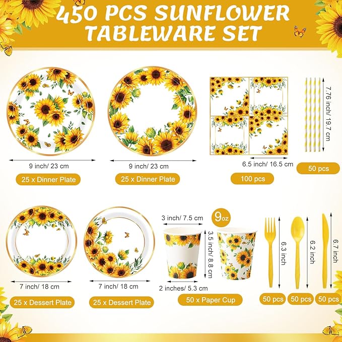 450 Pcs Sunflower Birthday Tableware Set Decorations Floral Paper Plates Napkins Cups Cutlery Straws for Yellow Birthday Wedding Bridal Shower Baby Shower Decorations, Serves 50