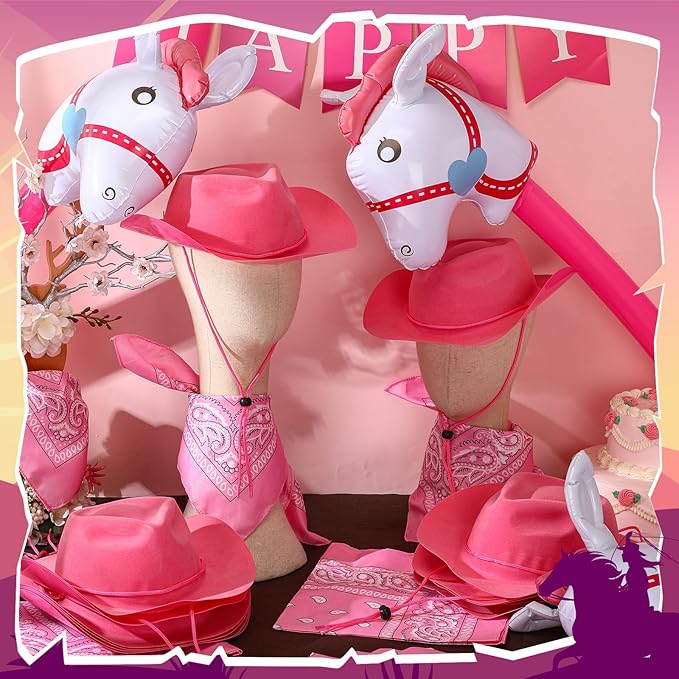 Xtinmee 36 Pcs Cowboy Party Costume Set, Cowboy Hats Paisley Bandanas Inflatable Stick Horses Kids Party Supplies