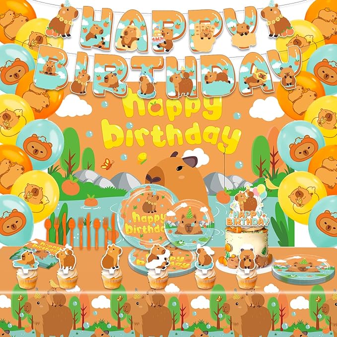 Capybara Birthday Decorations，Capybara Party Supplies，Capybara Party Decorations，Capybara Party Supplies Include Balloons,Backdrop,Banner, Cake Toppers，Tableware, Tablecloth