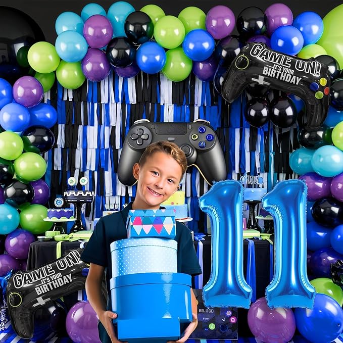 11th Birthday Video Game Balloons Arch, 11th Game Party Balloons Garland Kit 11th Game Birthday Supplies with Blue Number 11 Balloon Game Foil Balloons for 11 Year Old Teens Boys Birthday Decor