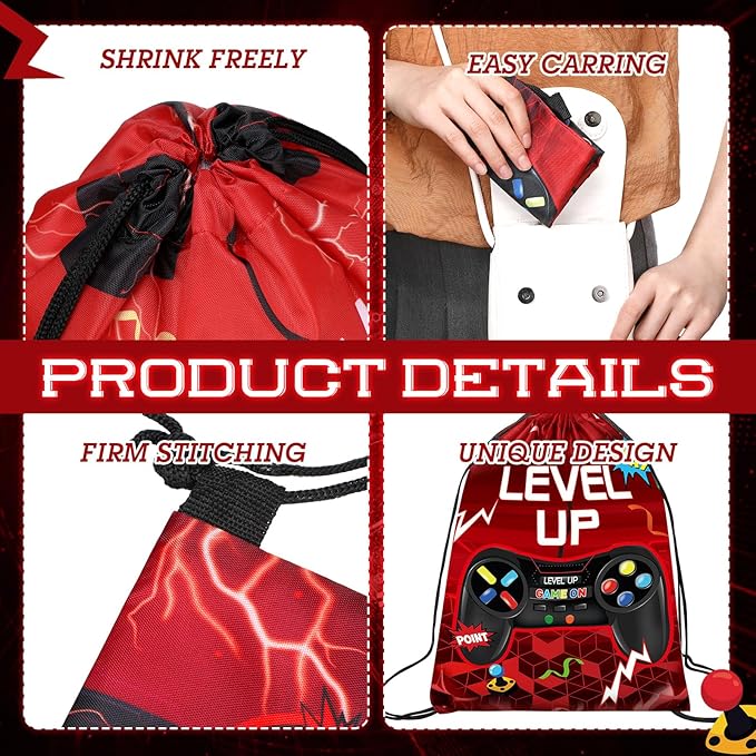 Eccliy 20 Pcs Video Game Party Favor Bags Gamer Birthday Party Drawstring Bags for Kids Boys Girls 12 x 10 Inch Gaming Goodie Treat for Game on Theme Decorations Supplies(Red,Lively Style)