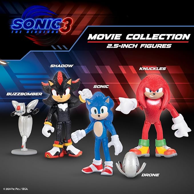 Sonic 3 Movie Action Figures 2.5-Inch Movie Collector Toy Figure Multi-Pack Includes Sonic Knuckles Shadow Buzz Bomber & Drone- Officially Licensed Toys