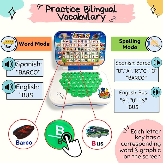 ZEENKIND Spanish English Toy Laptop, Toddler Learning Toys 2 3 4 Years Old, Spanish Learning Bilingual Toy Computer for Kids, Educational Computer Toys with Alphabet Numbers Words Spelling Math