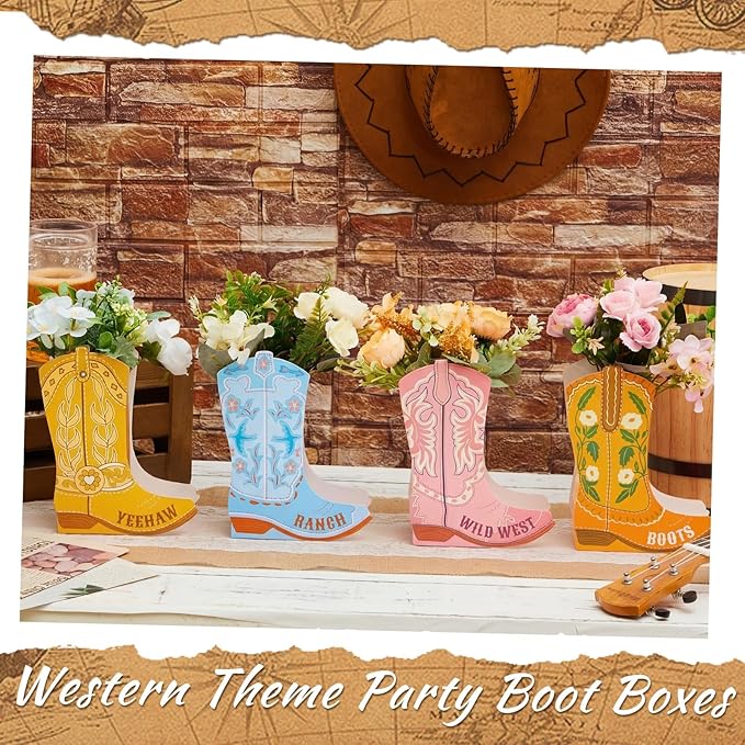 12 Set Boho Western Boots Flower Boxes Centerpiece Boot Shape Gift Boxes Party Decoration Vase Centerpieces for Tables Boots Rodeo Birthday Baby Shower Supplies(Cute Cowboy)