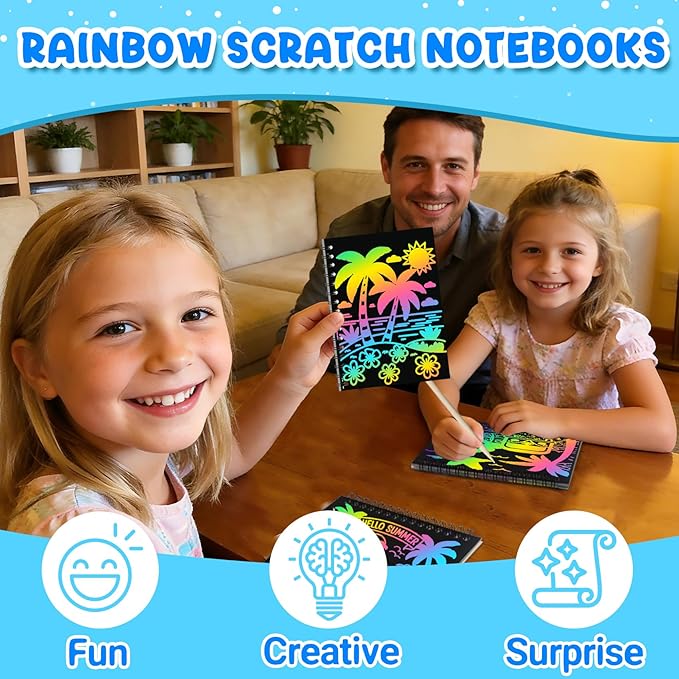 ZMLM 24 Pack Scratch Art Party Favors: Birthday Party Favors for Kids 4-8, Bulk Rainbow Scratch Notebook Paper Pads, Goodie Bags Stuffers Girls Boys Classroom Gifts Crafts Toys(Summer)