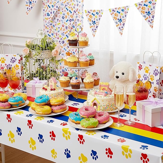 Newwiee 3 Pcs Puppy Paw Print Tablecloth Plastic Disposable Colorful Table Cover Dog Table Cloth 108 x 51'' Paw Print Party Supplies for Dog Pet Themed Party Decorations Favors (Red, Yellow, Blue)