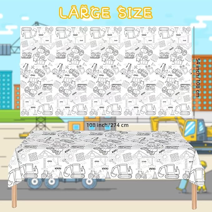 1 Pack Construction Coloring Table Cloth for Kids - Giant Construction Theme Color-in Paper Poster, Dump Truck Painting Activity Tablecloth for Construction Birthday Party Supplies Favors, 54 x 108 In