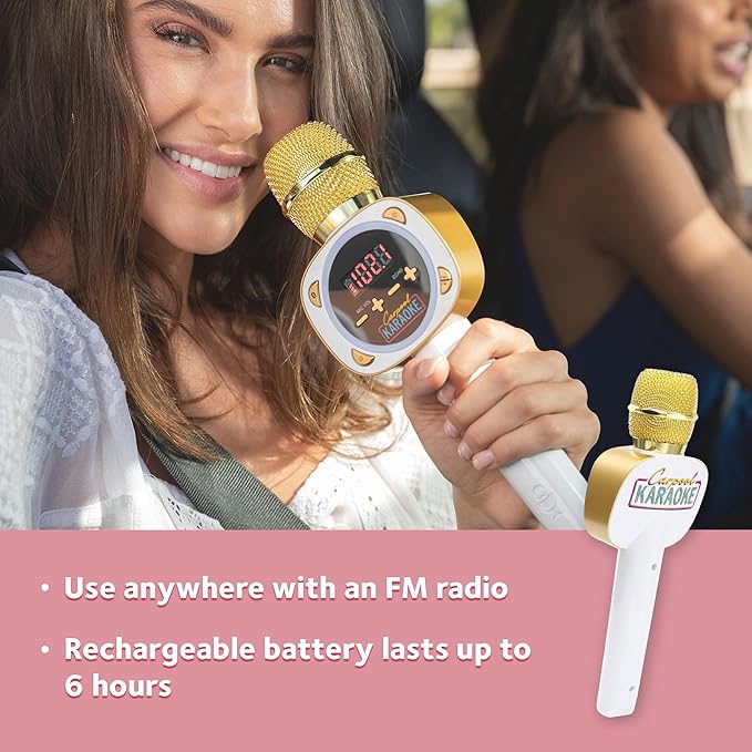 Carpool Karaoke Machine for Kids & Adults, Carpool Karaoke The Mic 1.0 by Singing Machine - Wireless & Bluetooth Karaoke Microphone with Mic Volume, Echo Controls as White Elephant Gift, Gold & White