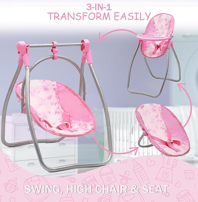 Baby Doll Stroller Bed and Swing Nursery Playset, Baby Doll Accessories Furniture Set Convertible High Chair Diaper Bag Role Play Deluxe Baby Doll Set