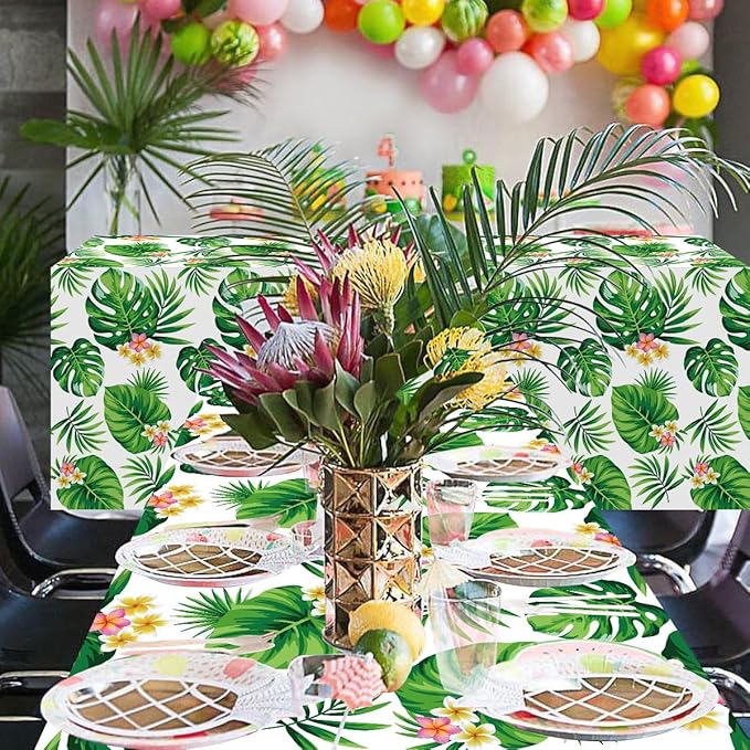 4 Pack Hawaiian Luau Tablecloths Tropical Palm Leaves Table Cloth Hawaiian Luau Table Cover Palm Leaves Table Cloth Baby Birthday Birthday Party Summer Pool Tropical Party Decorations 86 x 51 IN