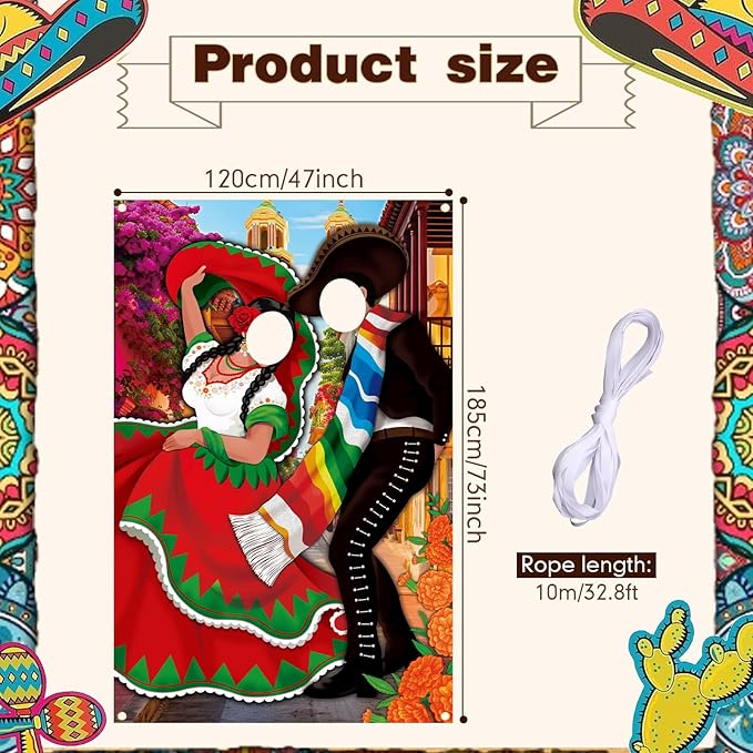 Tudomro Mexican Couple Photo Props Fiesta Party Background 6 x 4 ft Fabric Large Photo Door Banner Mexican Style Funny Games Supplies for Birthday Party Cinco De Mayo Festival Supplies