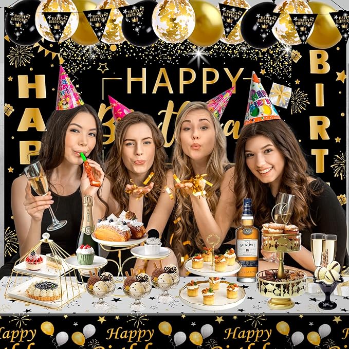 Black and Gold Birthday Decorations for Men Women, 37pcs Black and Gold Party Decorations with Backdrop, Tablecloth, Confetti Balloons, Banner, Balloon Arch Kit for Birthday Party