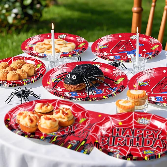 Grencian 96Pcs Spider 4th Birthday Party Supplies Red Blue Spider 4th Birthday Plates Disposable Cartoon Super Theme Hero Paper Tableware Set for Boys Kids Spider 4 Year Old Party Decorations Serve 24