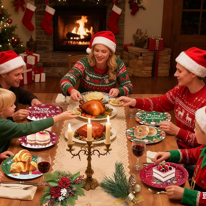 48Pcs Christmas Paper Plates, 7" Christmas Plates Disposable Party Plates Tableware Set for Xmas Holiday Party Supplies