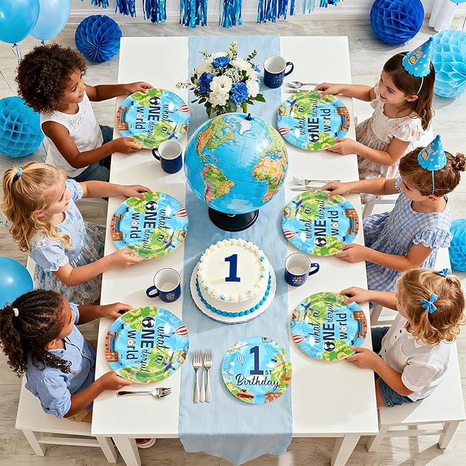 96Pcs Travel Theme 1st Birthday Party Supplies Adventure Awaits Plates and Napkins World Map 1st Birthday Tableware Set for Kids Adventure Time One Year Old Party Supplies，Serves 24
