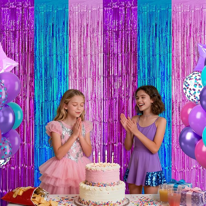 4 Pack Purple Blue Pink Foil Fringe Curtains Backdrop Birthday Party Decorations, 3.28 x 6.56 Ft Music Themed Tinsel Streamer Banner Photo Booth Props for Mermaid Sea Party Decor Supplies Favors