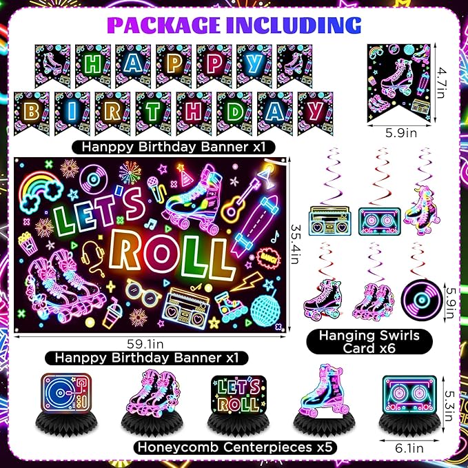 Roller Skating Party Decorations Glow Neon Happy Birthday Banner Let's Roll Backdrop Retro Roller Skating Honeycomb Centerpieces Hanging Swirl Decor for Kids Adults Hip Hop Rollerskate Party Supplies