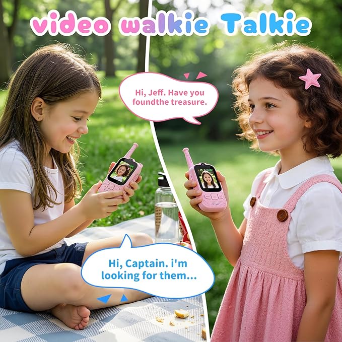 Kids Audio/Video Walkie Talkies, 2 Pack Rechargeable Walkie Talkies for Kids with 2’’ Screen & Camera & Voice Changer, Long Range Boys Girls Toys for Indoor Outdoor Camping Hiking Games (Pink/Pink)